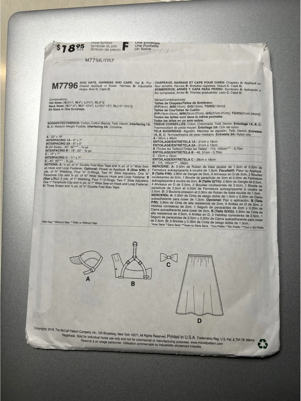 McCall's M7796 Dog Harness and Cape Sewing Pattern OSZ